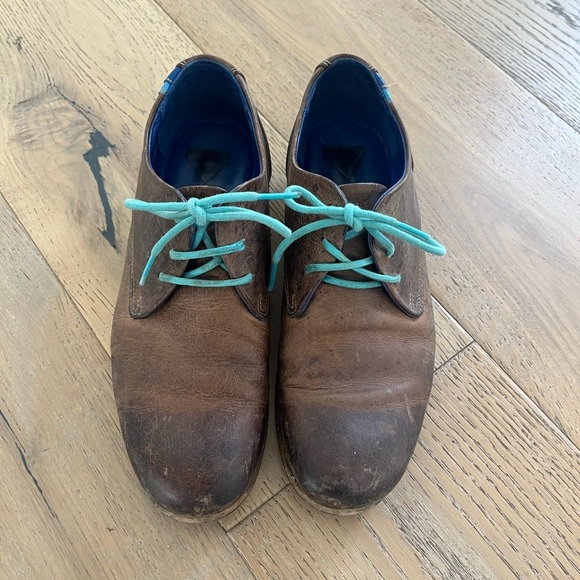 John Fluevog CBC Radio Derby Oxford Shoes Brown Leather Turquoise Women 8.5 - Picture 15 of 15